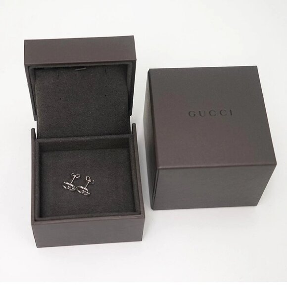 GUCCI Interlocking G Logos Stud Earrings 18 White Gold 750 Auth - Picture 2 of 5